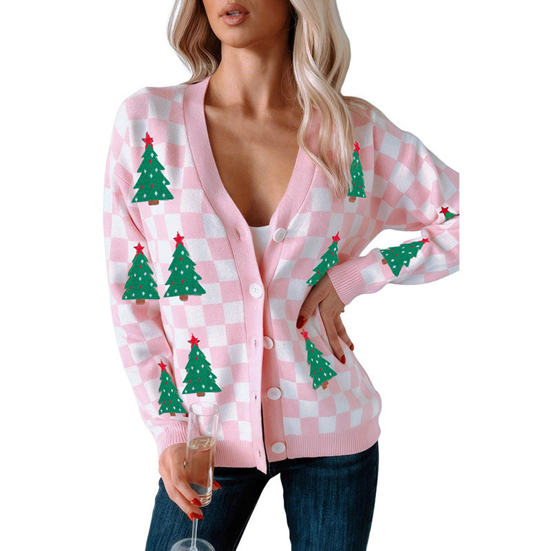 Fall 2025 New Single Row Multi-buckle Knitwear For Women European And American Fashion & Trend Christmas Printed Cardigan For Women