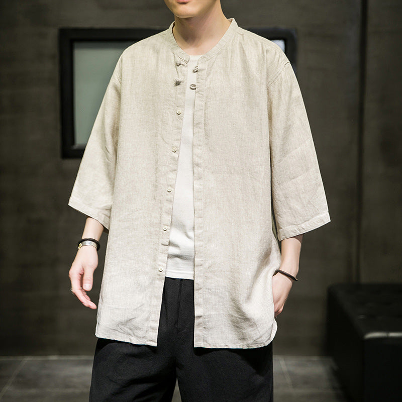Spring And Summer Linen Quarter Sleeve Shirt Men's Antique Xianqi Large Tang Hanfu Cotton Linen Shirt Coat