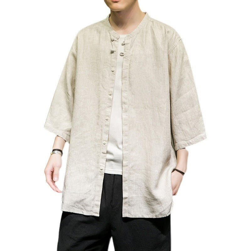 Spring And Summer Linen Quarter Sleeve Shirt Men's Antique Xianqi Large Tang Hanfu Cotton Linen Shirt Coat