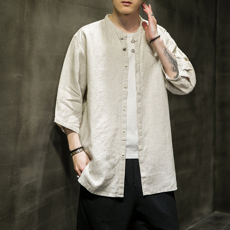 Spring And Summer Linen Quarter Sleeve Shirt Men's Antique Xianqi Large Tang Hanfu Cotton Linen Shirt Coat