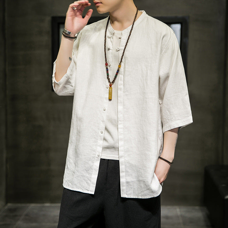 Spring And Summer Linen Quarter Sleeve Shirt Men's Antique Xianqi Large Tang Hanfu Cotton Linen Shirt Coat
