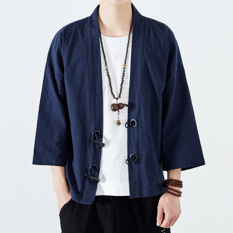 Men's Linen Robe Tang Suit Three-quarter Sleeve Coat Loose Style Cardigan Kimono Spring And Summer