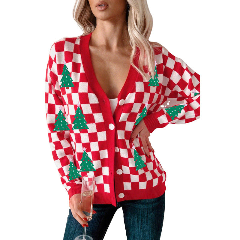 Fall 2025 New Single Row Multi-buckle Knitwear For Women European And American Fashion & Trend Christmas Printed Cardigan For Women