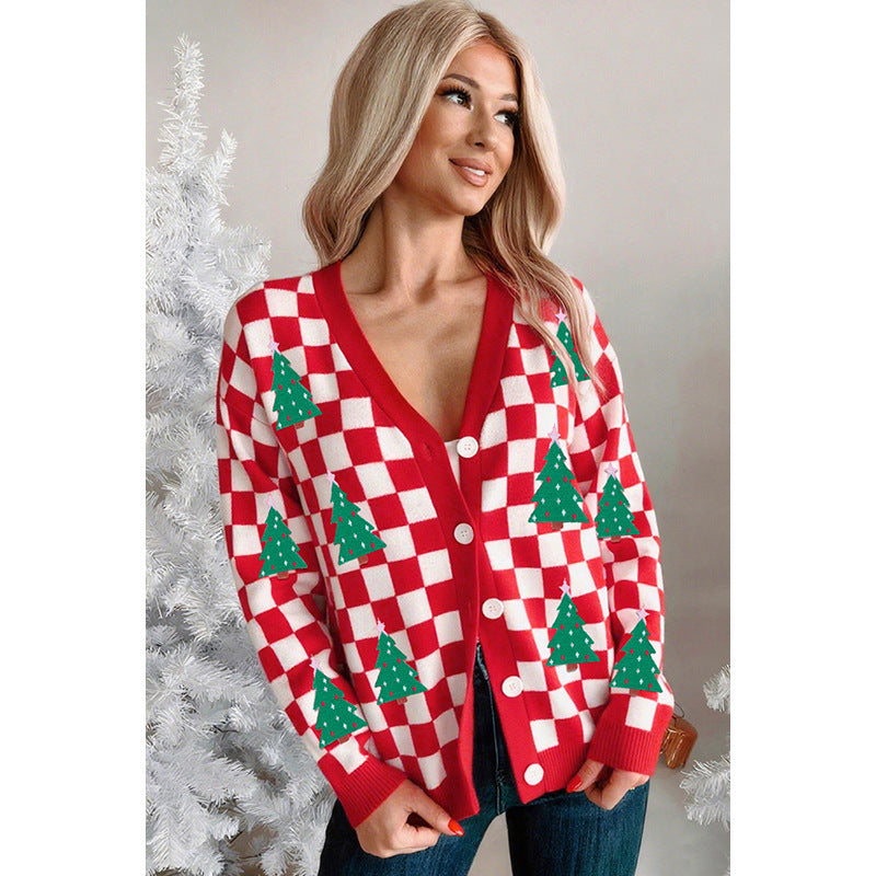 Fall 2025 New Single Row Multi-buckle Knitwear For Women European And American Fashion & Trend Christmas Printed Cardigan For Women