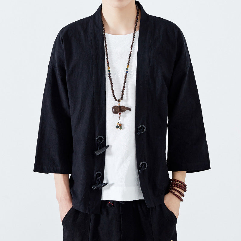 Men's Linen Robe Tang Suit Three-quarter Sleeve Coat Loose Style Cardigan Kimono Spring And Summer