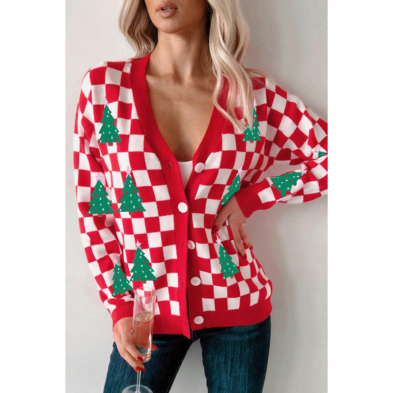 Fall 2025 New Single Row Multi-buckle Knitwear For Women European And American Fashion & Trend Christmas Printed Cardigan For Women
