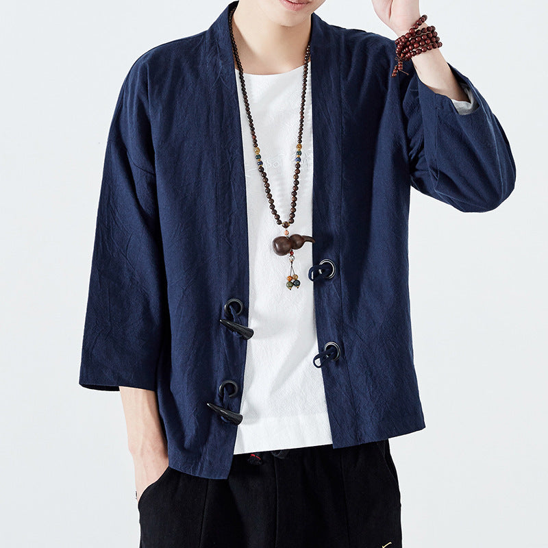 Men's Linen Robe Tang Suit Three-quarter Sleeve Coat Loose Style Cardigan Kimono Spring And Summer