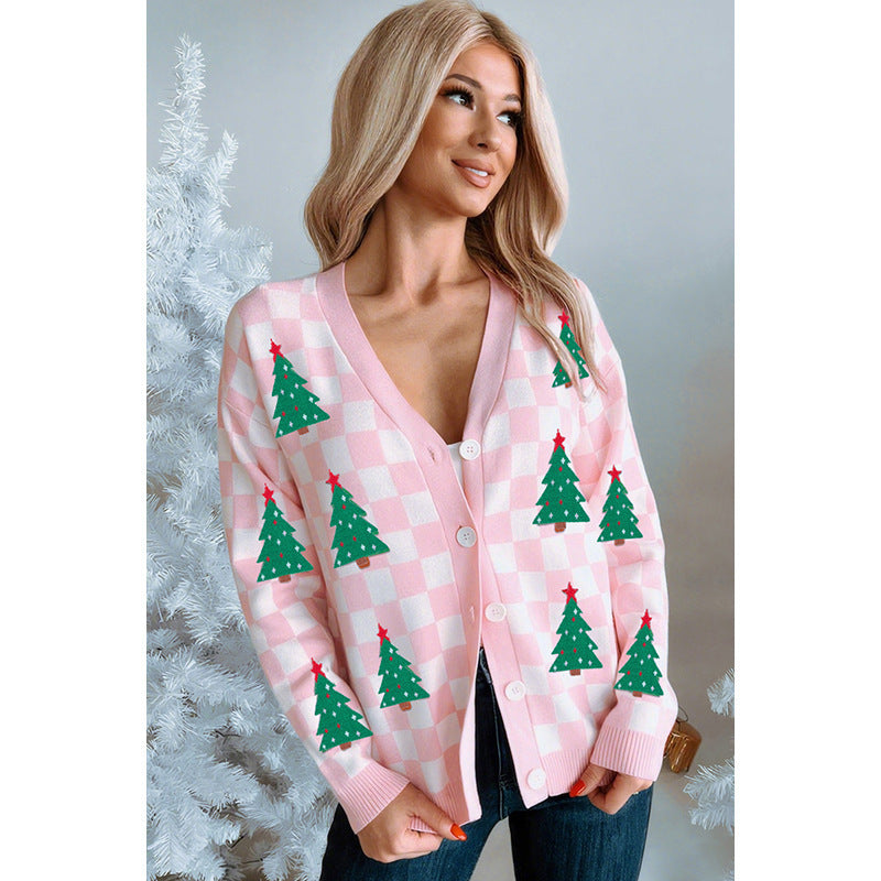 Fall 2025 New Single Row Multi-buckle Knitwear For Women European And American Fashion & Trend Christmas Printed Cardigan For Women