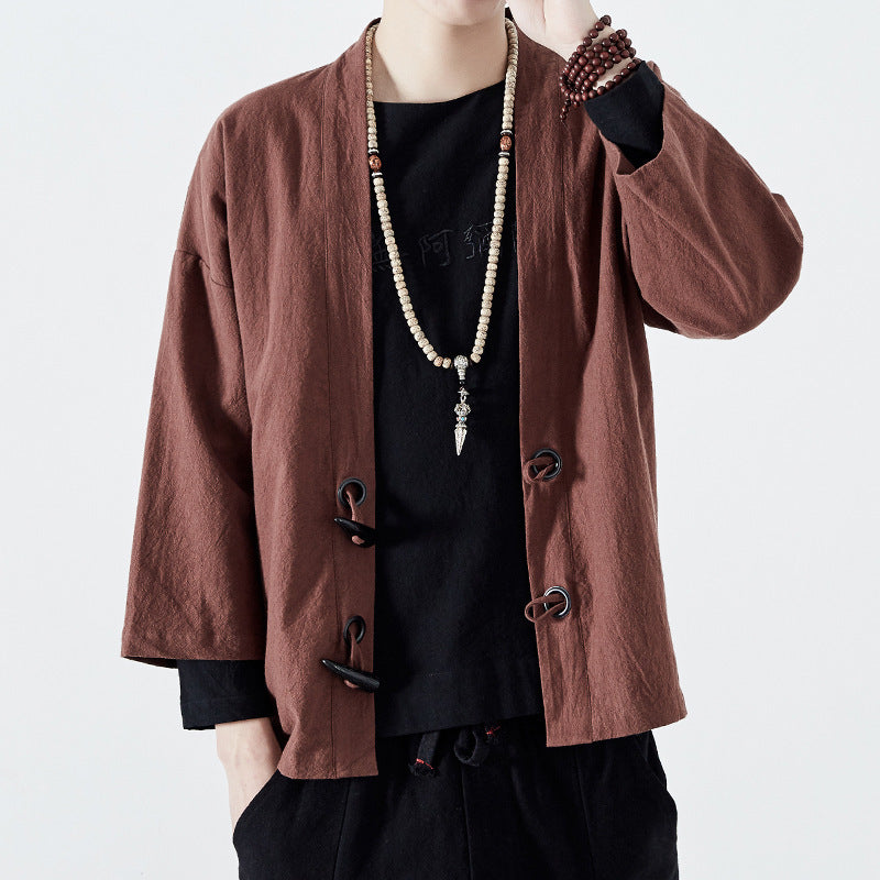 Men's Linen Robe Tang Suit Three-quarter Sleeve Coat Loose Style Cardigan Kimono Spring And Summer