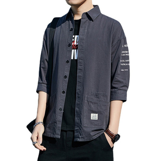 Summer New Korean Solid Color Loose 7-Sleeve Shirt Tide Brand Hong Kong Wind Men'S Work Shirt Coat