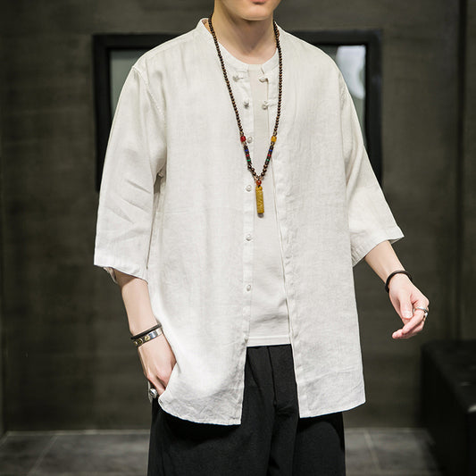 Spring And Summer Linen Quarter Sleeve Shirt Men's Antique Xianqi Large Tang Hanfu Cotton Linen Shirt Coat