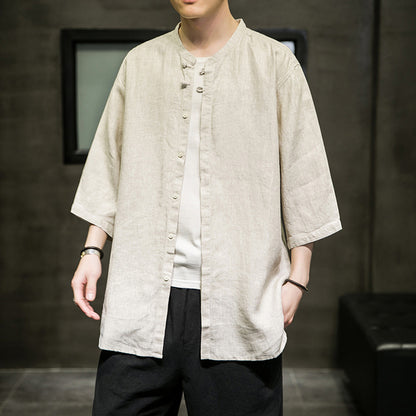 Spring And Summer Linen Quarter Sleeve Shirt Men's Antique Xianqi Large Tang Hanfu Cotton Linen Shirt Coat