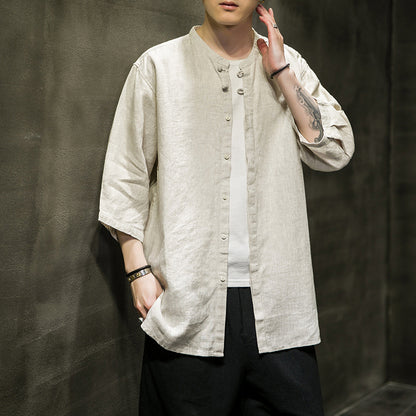 Spring And Summer Linen Quarter Sleeve Shirt Men's Antique Xianqi Large Tang Hanfu Cotton Linen Shirt Coat