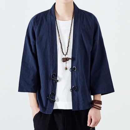 Men's Linen Robe Tang Suit Three-quarter Sleeve Coat Loose Style Cardigan Kimono Spring And Summer