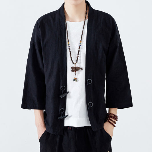 Men's Linen Robe Tang Suit Three-quarter Sleeve Coat Loose Style Cardigan Kimono Spring And Summer
