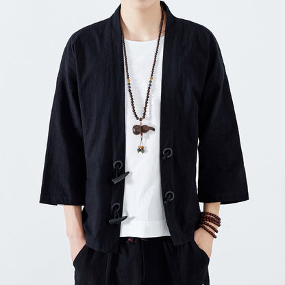Men's Linen Robe Tang Suit Three-quarter Sleeve Coat Loose Style Cardigan Kimono Spring And Summer